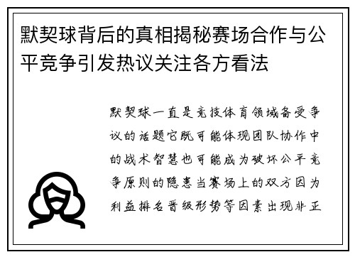 默契球背后的真相揭秘赛场合作与公平竞争引发热议关注各方看法 默契球背后的真相揭秘赛场合作与公平竞争引发热议关注各方看法